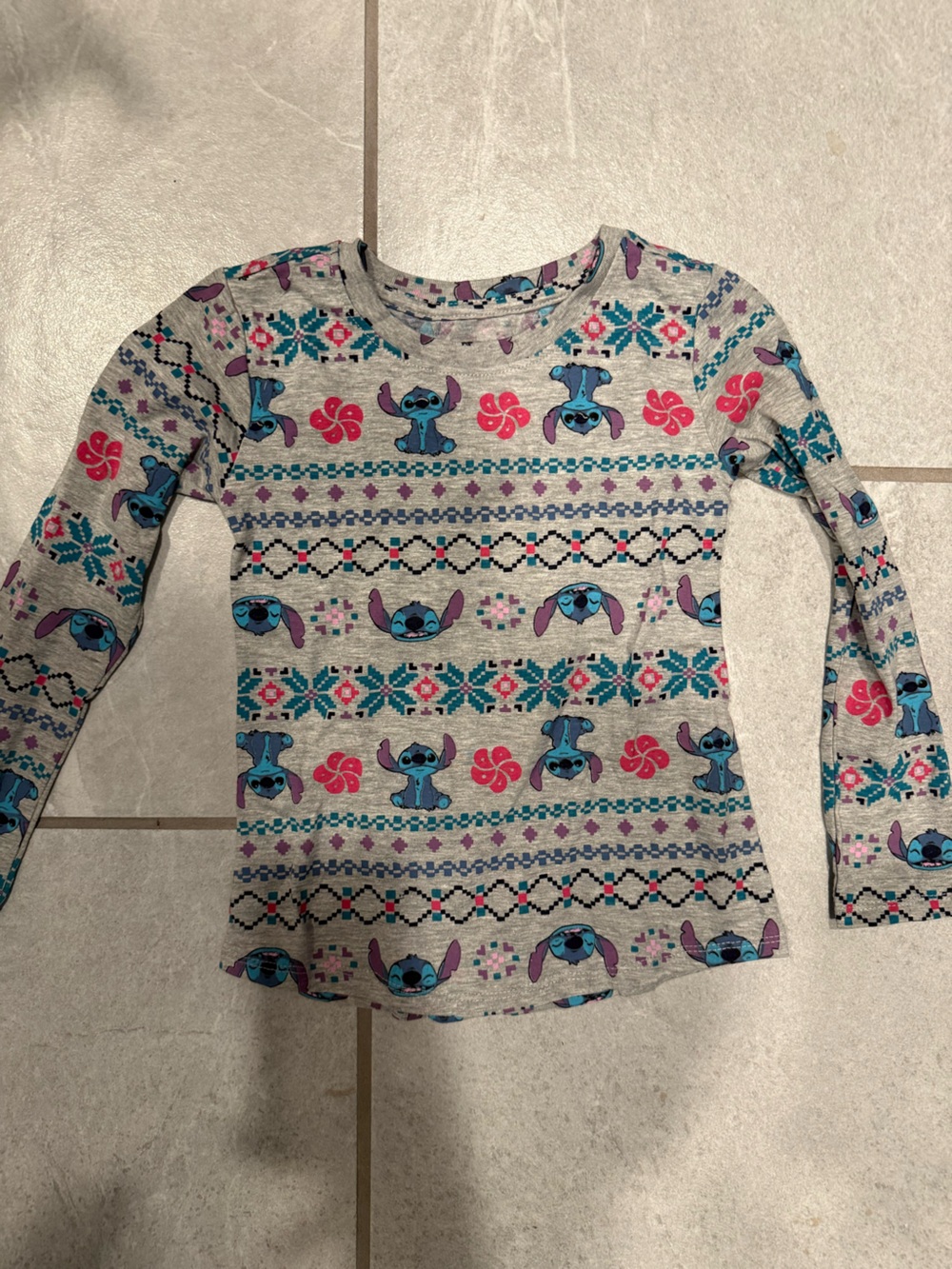 Disney Gray Long-Sleeve Top with Blue Stitch & Pink Accents